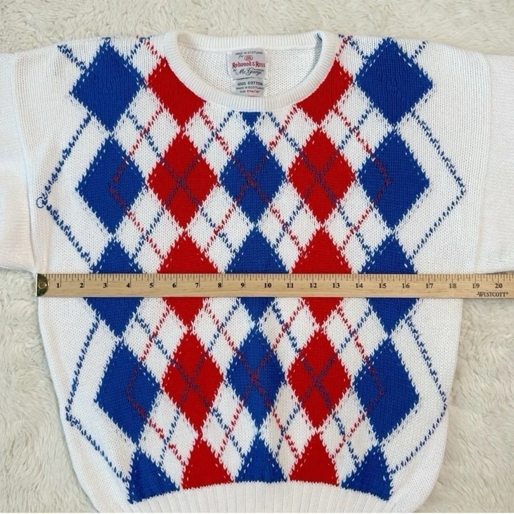VTG Men White Argyle Cotton Scotland Crewneck Knit Sweater SMALL Classic Country - Picture 5 of 9